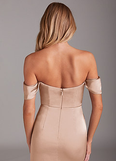 Azazie Saige Bridesmaid Dresses Blushing Pink Sheath Off the Shoulder Stretch Satin Dress image9