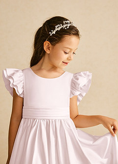 Azazie Piglette Robe Demoiselle D'honneur Fillette Robe Trapèze en Mat Satiné Nœud Rose Pâle image3