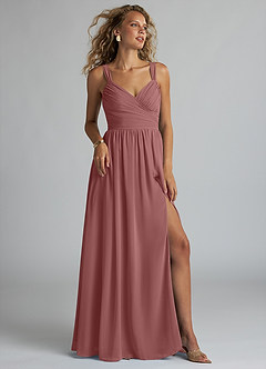 Azazie Aziza Bridesmaid Dresses Desert Rose A-Line V-Neck Pleated Chiffon Dress image1