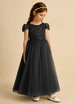 Azazie Puff Flower Girl Dresses Black Ball-Gown Lace Tulle Dress image4