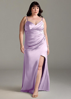 Azazie Yola Bridesmaid Dresses Frosted Lilac Sheath V-Neck Pleated Stretch Satin Convertible Dress image9