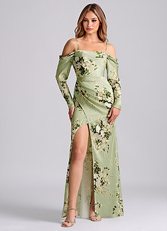 Azazie Hallie Jurken voor bruidsmeisjes Converteerbaar Jurk van Stretch Satijn met Zeemeermin Off-the-shoulder lange mouw Bloemenranken image5