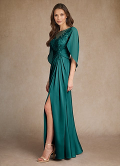 Azazie Hera Mother of the Bride Dresses Peacock A-Line Lace Stretch Satin Dress image2