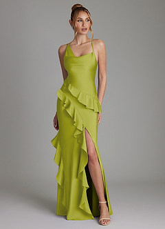 Azazie Jayda Bridesmaid Dresses Lemongrass A-Line Ruched Stretch Satin Dress image1