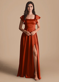 Azazie Bondi Bridesmaid Dresses Paprika A-Line Bow Metallic Satin Dress image2