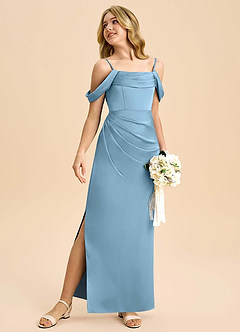 Azazie Saige Junior Robe Fourreau en Satin extensible Épaule décolletée Acier Bleuté image5