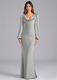 Azazie Melani 신부 들러리 드레스 인어 긴팔 스트레치 새틴 바닥 길이 드레스 image1