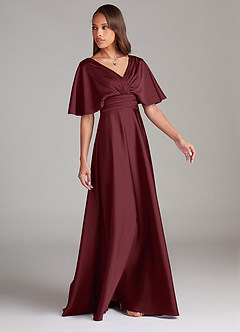 Azazie Pamela Bridesmaid Dresses Cabernet A-Line Pleated Stretch Satin Dress image3