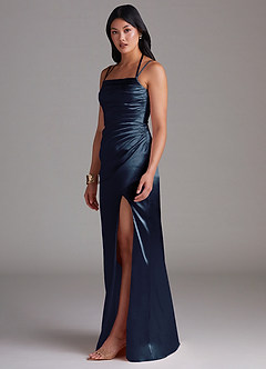 Desi Navy Sheath Pleated Metallic Satin Dress image6