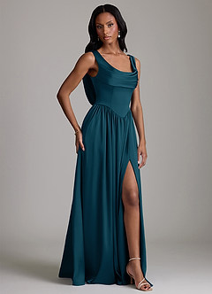 Azazie Novi Bridesmaid Dresses Ink Blue A-Line with Pockets Stretch Satin Dress image5