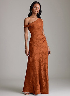 Azazie Emerson Vestidos de madrinha de casamento Vestido Laranja Queimada de Esgotamento Floral de sereia com Fora do ombro image4