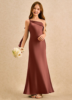 Azazie Almond Girls Formal Sukienki dla dziewczynek sypiących kwiaty Osłona Jedno ramię Satyna elastyczna Długość podłogi Sukienka image2