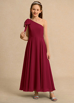 Azazie Guppy Girls Formal Blumenmädchenkleider A-Linie One-Shoulder Chiffon Kleid Burgunderrot image3
