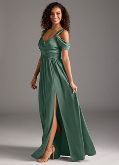 Azazie Lianne Bridesmaid Dresses Eucalyptus A-Line Off the Shoulder Stretch Satin Dress image7