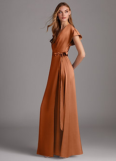 Azazie Nico Bridesmaid Dresses Copper A-Line V-Neck Stretch Satin Dress image2