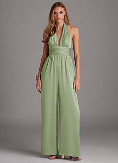 Azazie Oli Bridesmaid Dresses Dusty Sage Pleated Stretch Satin Jumpsuit image3