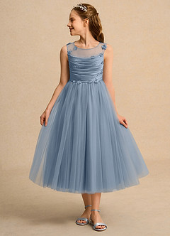 Azazie Snowball Girl Jurken voor bloemenmeisjes Baljurk Jurk van Tule Geplooid Stoffig Blauw image3