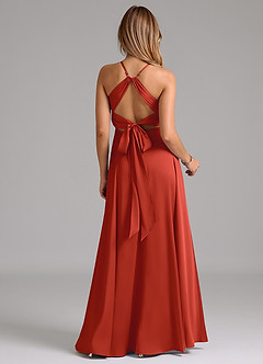 Azazie Evalleen Bridesmaid Dresses Rust A-Line Pleated Stretch Satin Dress image6