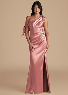 Azazie Xyla Bridesmaid Dresses Dusty Rose Sheath Off the Shoulder Metallic Satin Convertible Dress image1