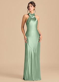 Azazie Velli Robes de demoiselle d'honneur Robe Fourreau en Satiné métallisé Col Haut Matcha image2