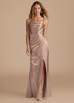 Azazie Marzia Bridesmaid Dresses Taupe Mermaid Pleated Metallic Satin Dress image4