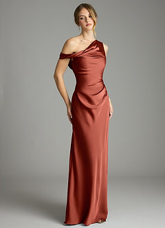 Azazie Emerson Robes de demoiselle d'honneur Robe Sirène en Satin extensible Épaule décolletée Terracotta image5