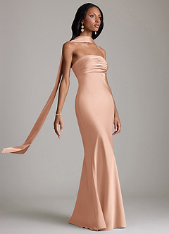 Azazie Saylor Vestidos de damas de honor Vestido de Oro Rosa de Satén Elástico de Corte Sirena con Sin tirantes image10