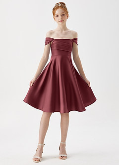 Azazie Amira Junior Merlot A-Line Pleated Stretch Satin Dress image5