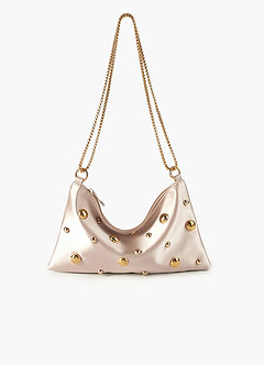 front Studded Satin Shoulder Chain Bag