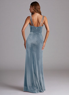 Azazie Leo Bridesmaid Dresses Dusty Blue Sheath Pleated Velvet Dress image2