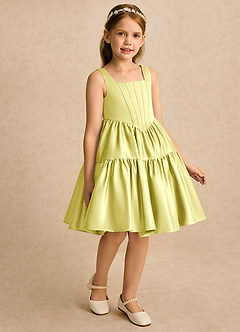 Azazie Myla Flower Girl Dresses Lemon Sorbet A-Line Pleated Matte Satin Dress image4