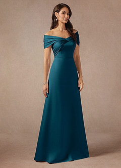 Azazie Amelia Mother of the Bride Dresses Ink Blue A-Line Off the Shoulder Stretch Satin Dress image4