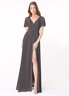 Azazie Kimber Bridesmaid Dresses Steel Grey A-Line Flounce Sleeve Chiffon Dress image1