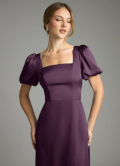 Azazie Fyona Vestidos de damas de honor Vestido de Ciruela de Satén Elástico de Corte en A con Plisado image6