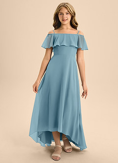 Azazie Maggie Junior A-Linie Schulterfrei Chiffon Kleid Stimmungsvolles Blau image5