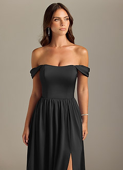 Azazie Calianna Bridesmaid Dresses Black A-Line Off the Shoulder Stretch Satin Convertible Dress image4