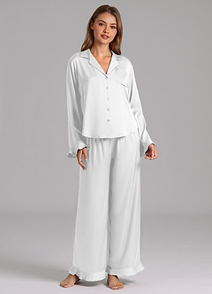 front Ruffled Satin Long Sleeve Pajama Set