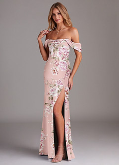 Azazie Saige Bridesmaid Dresses Rosy Floral Bloom Sheath Off the Shoulder Stretch Satin Dress image5