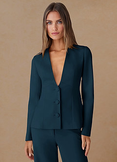 front Elara Dark Navy Extreme-Plunge Refined Weave 2-Piece Suit