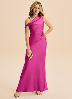 Azazie Emerson Junior Fuchsia Sheath Off the Shoulder Stretch Satin Dress image1