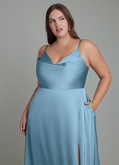 Azazie Sarella Brautjungfernkleider A-Linie Plissee Stretch-Satin Kleid Stahlblau image8