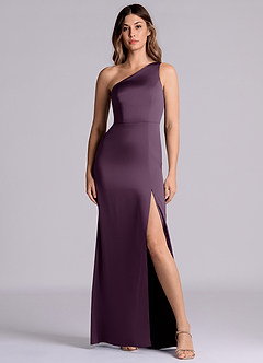 Azazie Philana Bridesmaid Dresses Plum A-Line One Shoulder Stretch Satin Dress image4