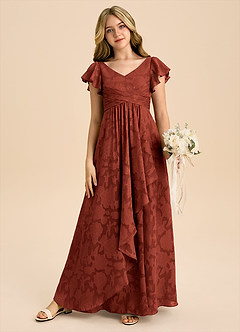 Azazie Omari Junior Abito A-Line in Burnout Floreale Plissettato Terracotta image4