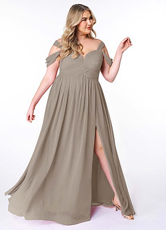 Azazie Lianne Bridesmaid Dresses Taupe A-Line Off the Shoulder Chiffon Dress image11