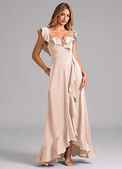 Azazie Lyra Bridesmaid Dresses Blushing Pink A-Line Off the Shoulder Stretch Satin Convertible Dress image2
