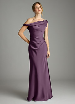Azazie Emerson Bridesmaid Dresses Plum Mermaid Off the Shoulder Stretch Satin Dress image1
