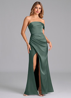 Azazie Lisbeth Robes de demoiselle d'honneur Robe Sirène Convertible en Satin extensible Épaule décolletée Mousse De Mer image4