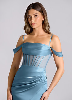 Azazie Alyce Vestidos de damas de honor Vestido de Azul Acero de Satén Elástico de Corte Sirena Convertible con Vestidos sin tirantes image6