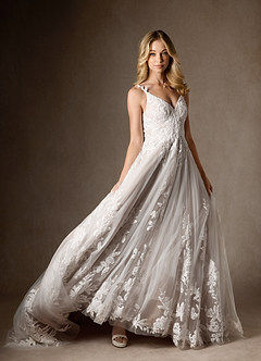 Azazie Delaina Vestidos de novia Vestido de Blanco Diamante Cocoa de Tul de Corte en A con Lentejuelas cuello pico image11