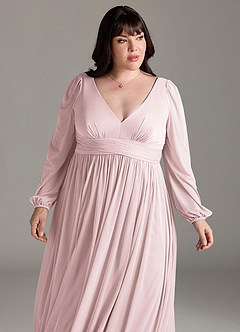 Azazie Norah Bridesmaid Dresses Blushing Pink A-Line V-Neck Long Sleeve Chiffon Dress image12